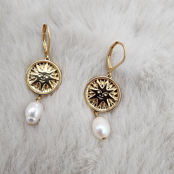 J. Crew Jewelry - J. Crew Soleil Gold Sun Coin Pearl Drop Earrings Celestial Crystal Dangle NEW